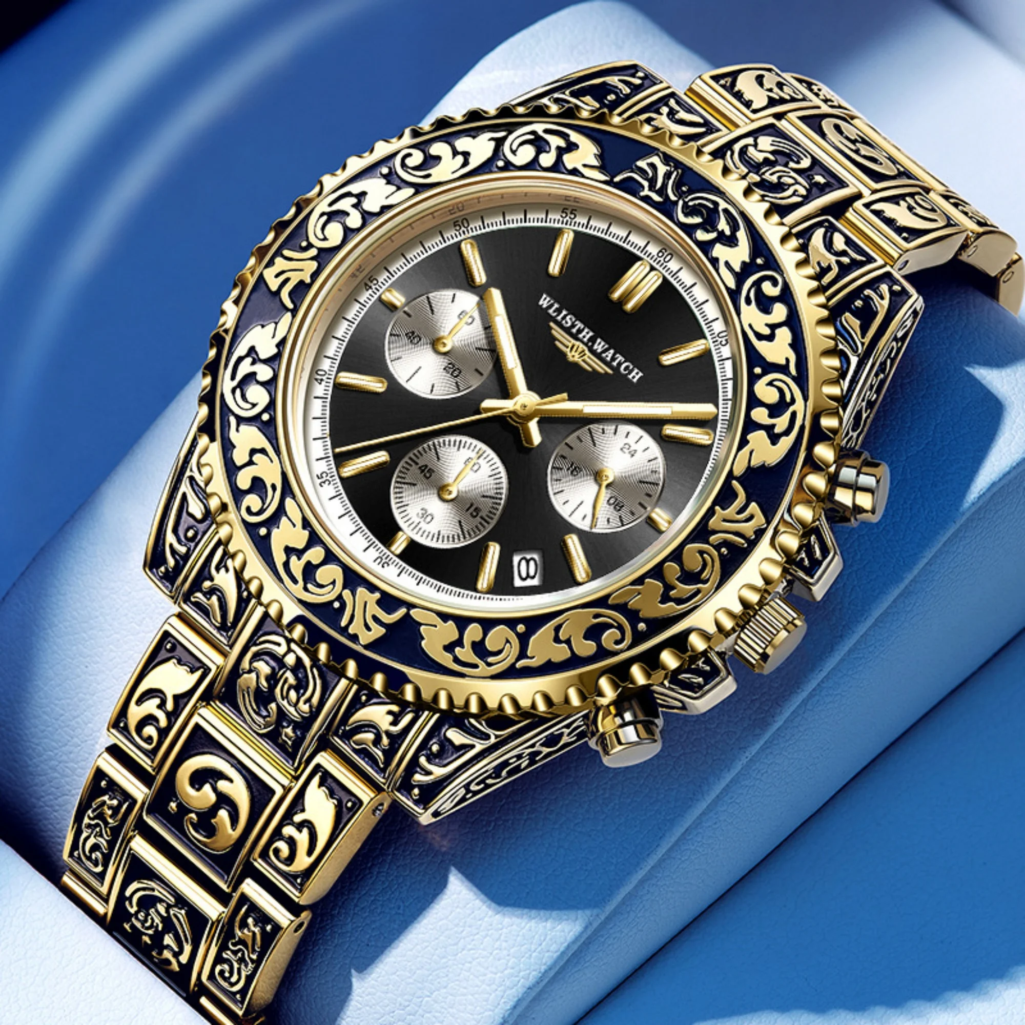 Men Carved Pattern Quartz Watch for Men Calendar Luminous Hand Alloy Business Casual Male Wristwatch Gift for Gentleman