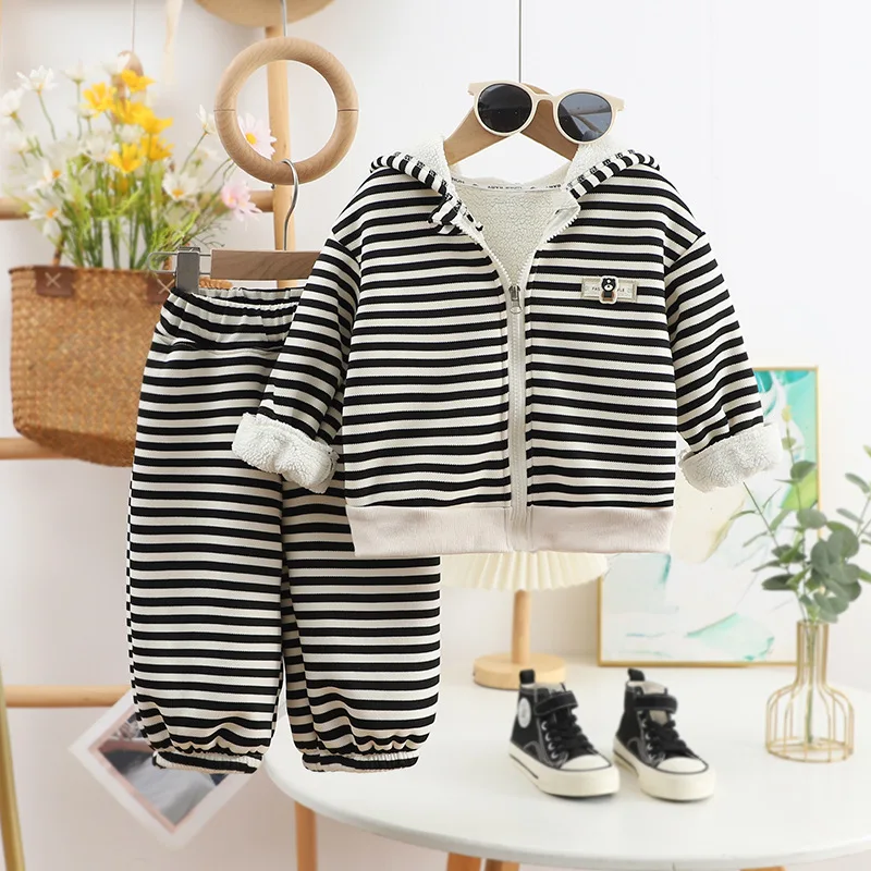 Girls Thick Padded Set Boys Striped Ciat Pants 2 Pieces Children Hooded Sports Suit Autumn Winter Warm Cardigan Clothes