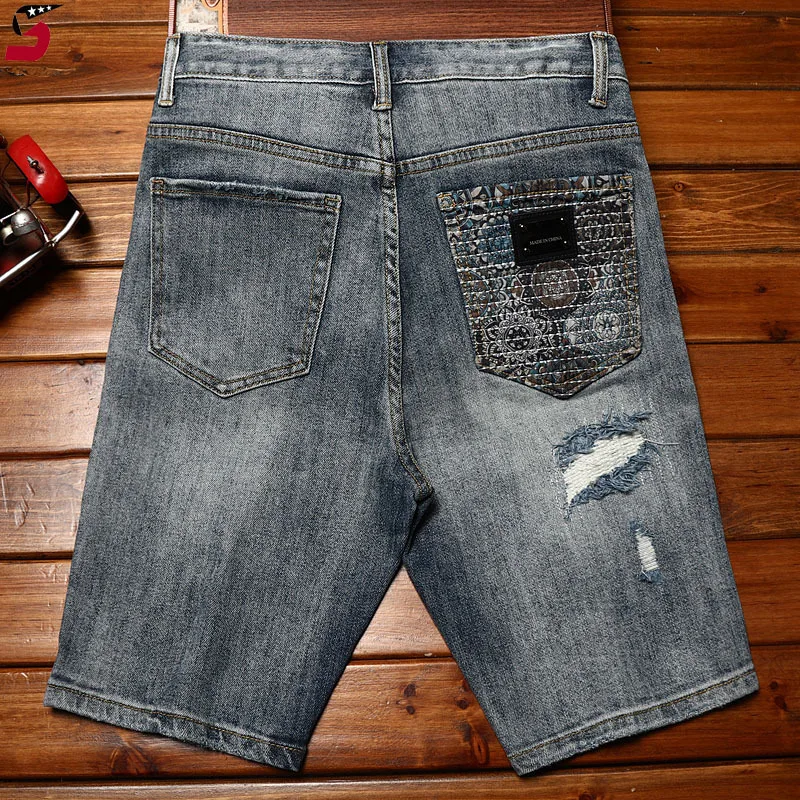 

High-End Hole & Patch Denim Shorts Men's Summer Fashion2024New Trendy Slim Fit Stretch Personality Motorcycle Shorts