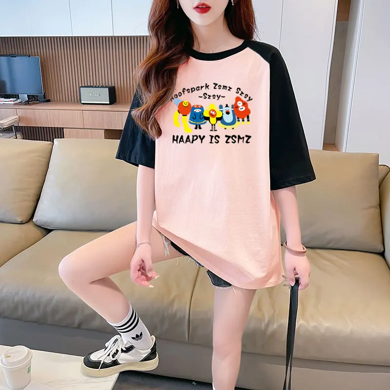 2024 New American Retro Cartoon Contrast Raglan Short Sleeve T-shirt Women's Summer New Loose T-shirt Kawaii Clothes