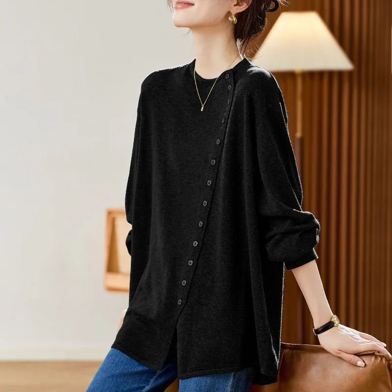 قميص نسائي حراري فضفاض، نسيج ناعم ودافئ، جذاب متوسط الطول، كاجوال بأكمام طويلة، طبقة أساسية لخريف وشتاء