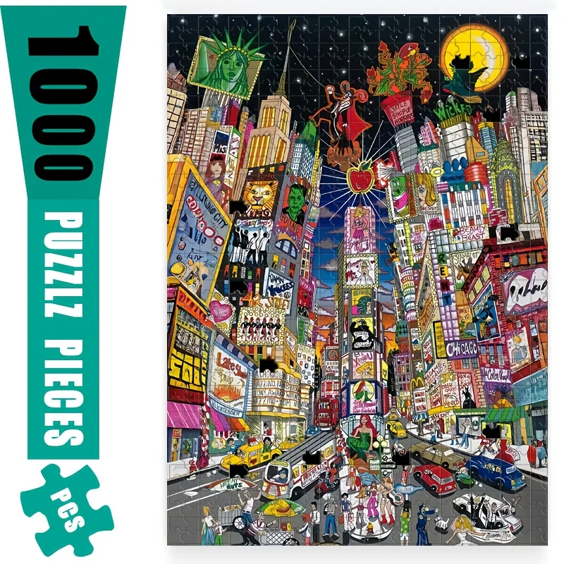 1000 قطعة من ألغاز مدينة نيويورك تايمز المربعة - أفق مدينة نيويورك المتشددين مع تاكسي أصفر، تمثال الحرية، تحدي اللغز لـ Adu