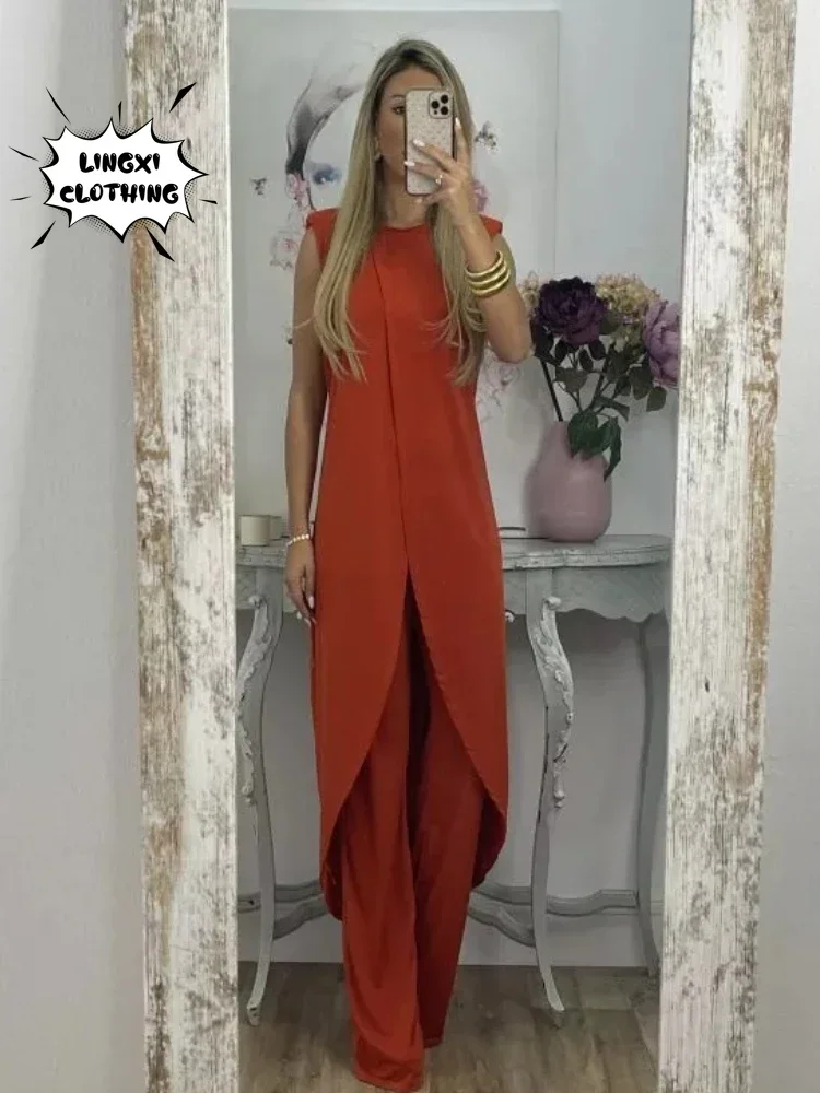 2024 Summer New Women\'s Plus Size Set Loose Large Elegant Round Neck Sleeveless Robe High Waist Wide Leg Pants Two Piece Set