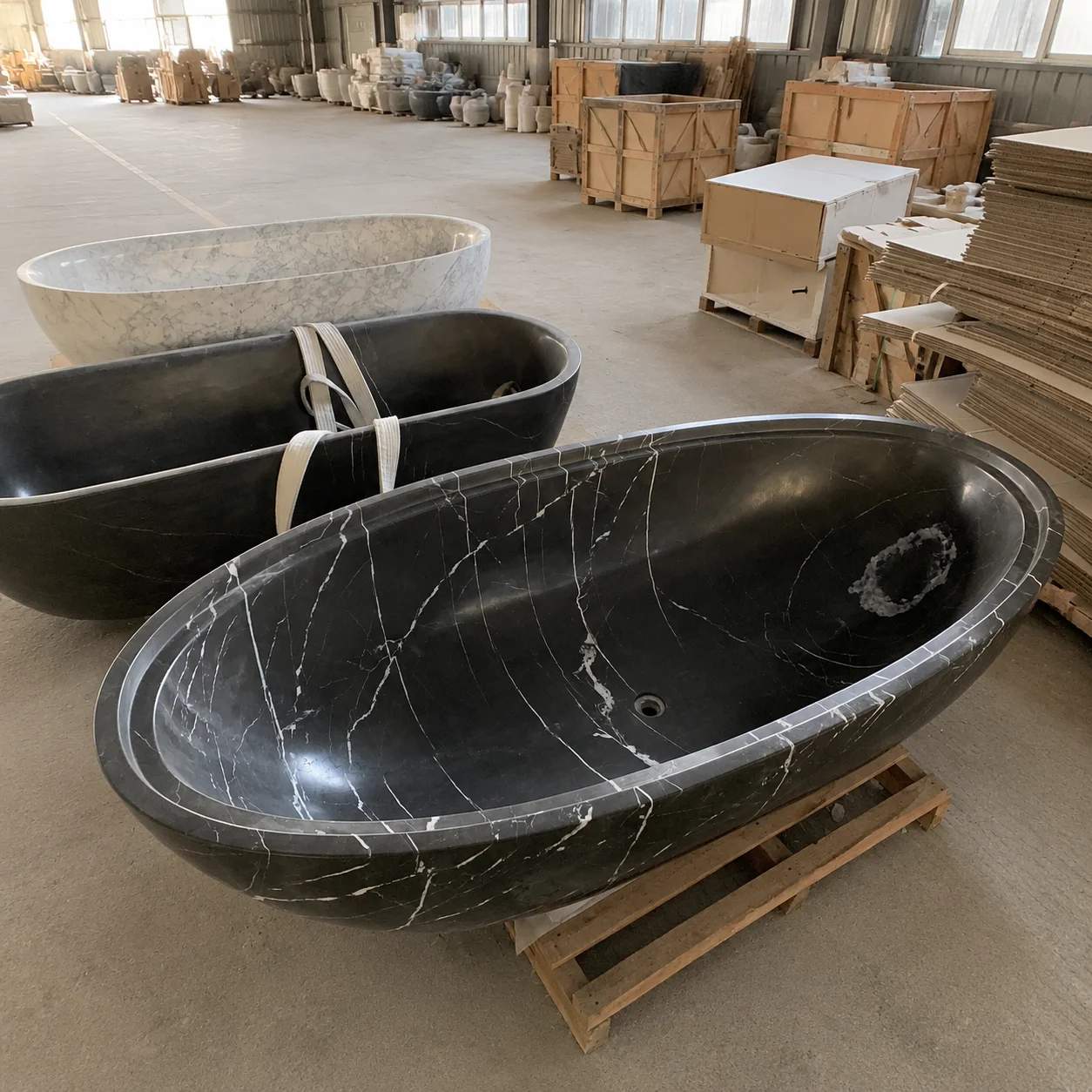 #￥Wholesale 1.9m Large Black Bathtubs Freestanding Natural Stone Marble Oval Soaking Bathtub for Adult Black and White