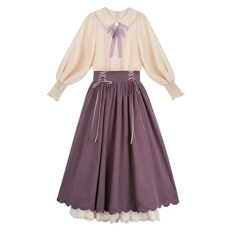 Baroque Lolita Dress French Retro Court Style Princess Dress Daily Kikyo Long Dress Lace Bow Tie Long Skirt+lantern Sleeve Shirt