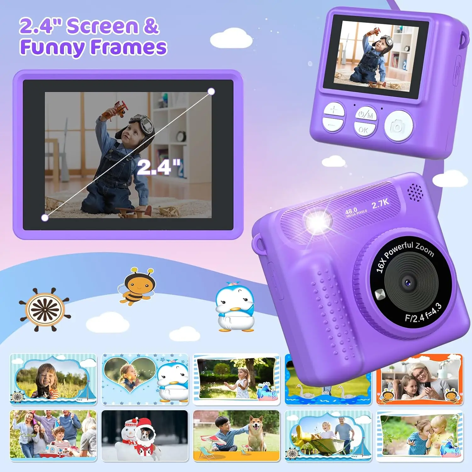 Cámara de impresión instantánea VATOS, cámara Digital de vídeo HD de 2,4 "1080P para niños y niñas con marco de fotos, papel de impresión, regalo de cumpleaños y Navidad