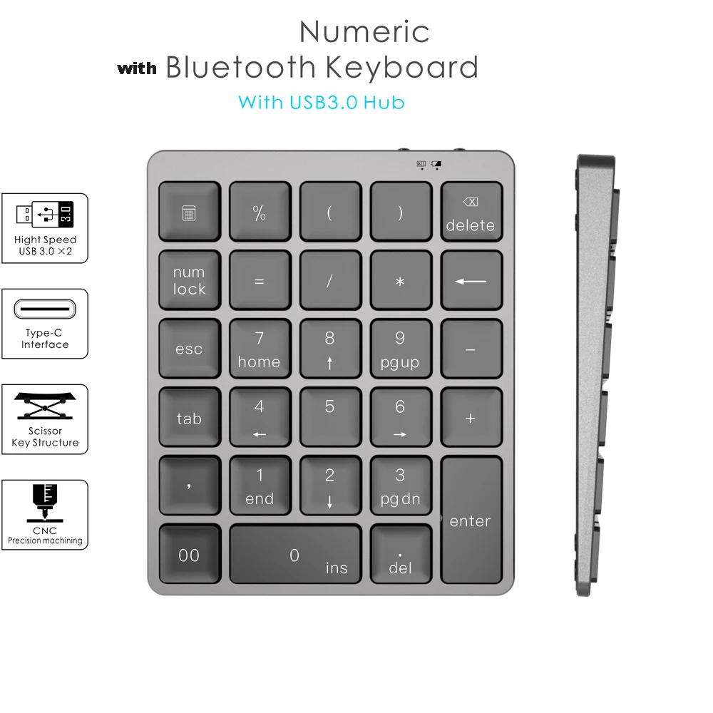 with Bluetooth Keyboard USB HUB 28 Number Keys Aluminum Alloy Wireless Keyboard USB Charging Dock Cable Splitter USB Disk Reader