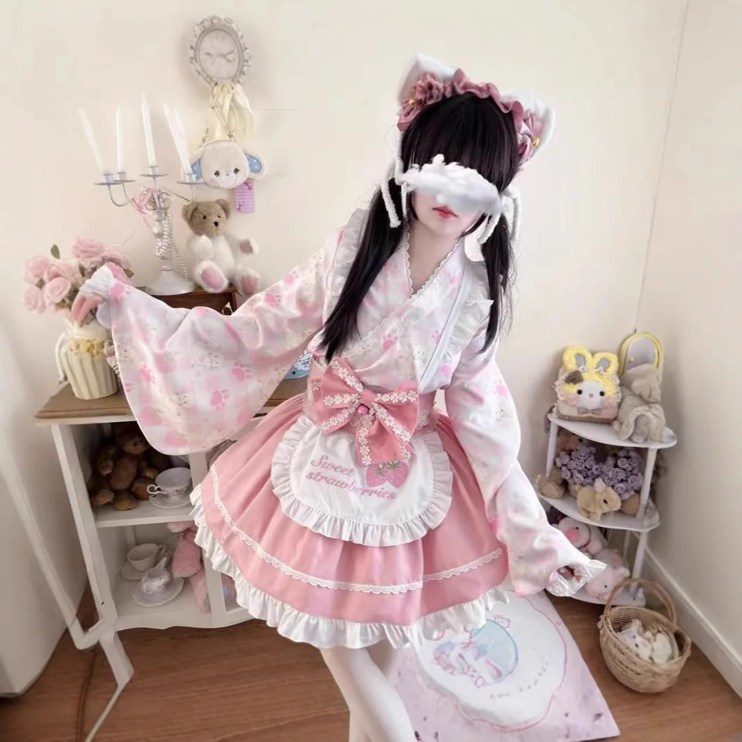 pink maid dress with cat ears Women Sexy Vintage Sweet Girl Pink Lolita Dress Kawaii Cute Maid Uniform Outfit