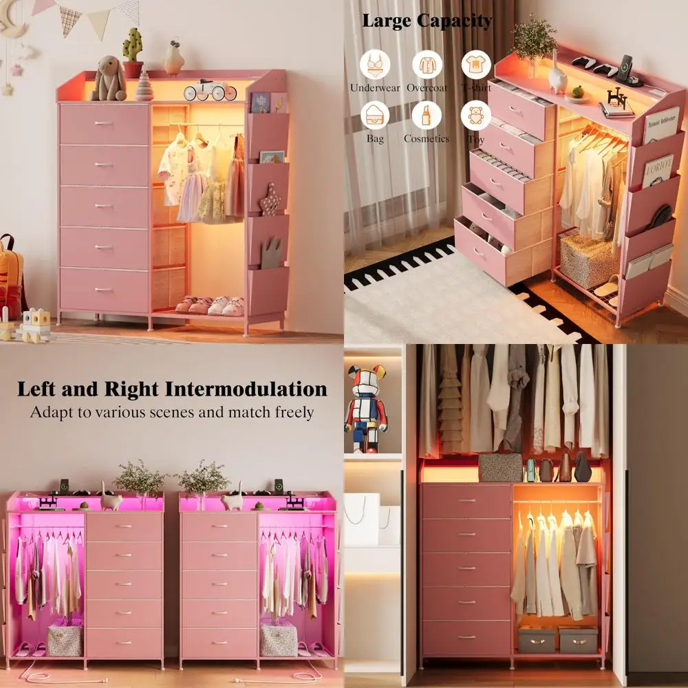 

2-in-1 Dresser with Hanging Racks, 5 Fabric Drawers, LED Lights, and Charging Station for Bedroom and Living Room