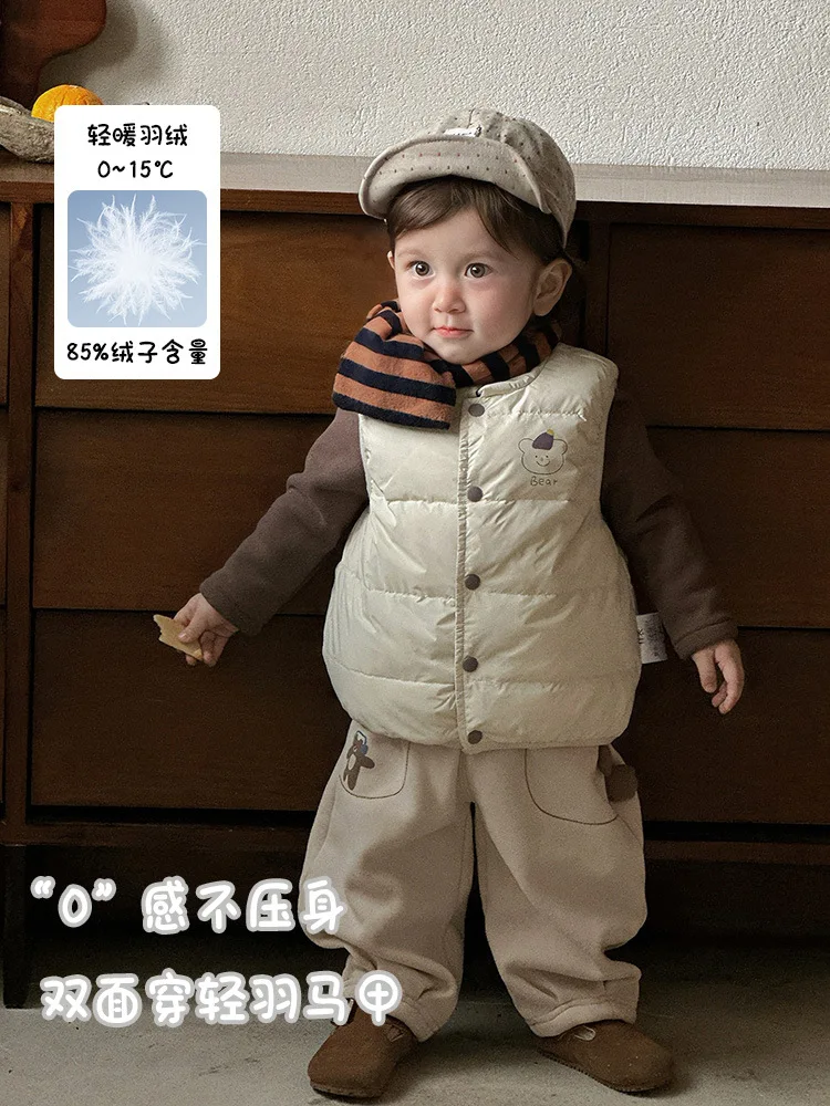 سترة للأطفال الرضع والأطفال الصغار قابلة للعكس مطبوع عليها رسوم كرتونية سترة بدون أكمام على طراز 90 سترة للأولاد من ريش البط الأبيض #2