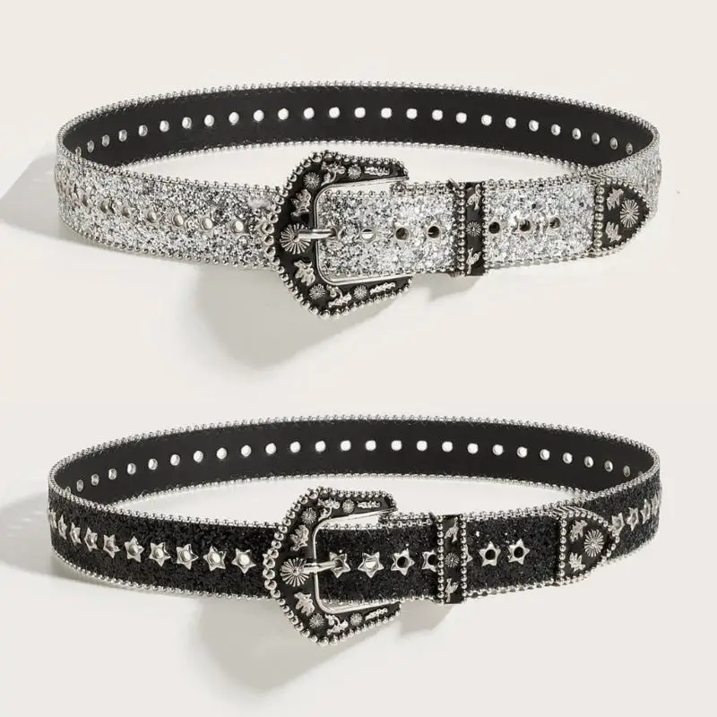 

31BB Punk Big Eyelet Pin Buckle Belt for Women Shining Sequined Waist Belt All Matching Western Belt Waist Strap for Pants