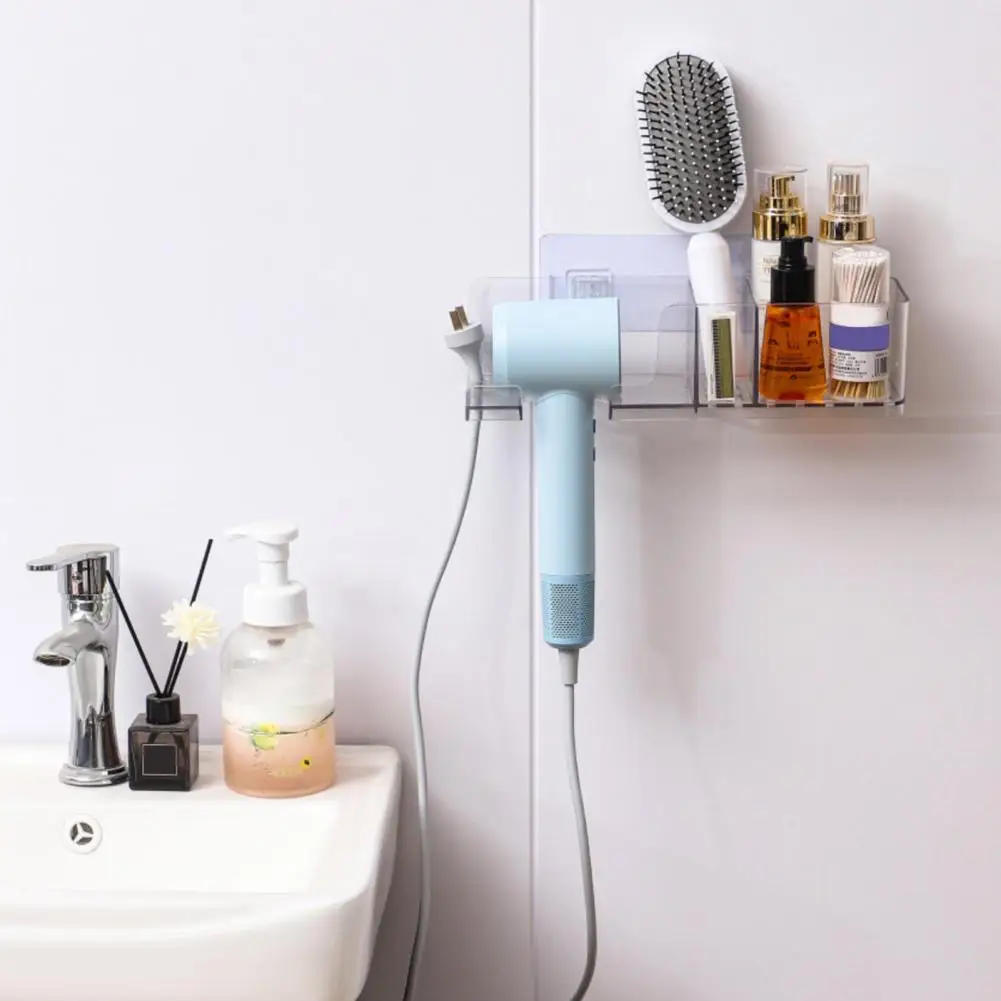 Compact Hair Styling Tool Holder Suction Cup Hair Dryer Holder Wall Mount Organizer for Bathroom with Comb Scissors Storage Rack