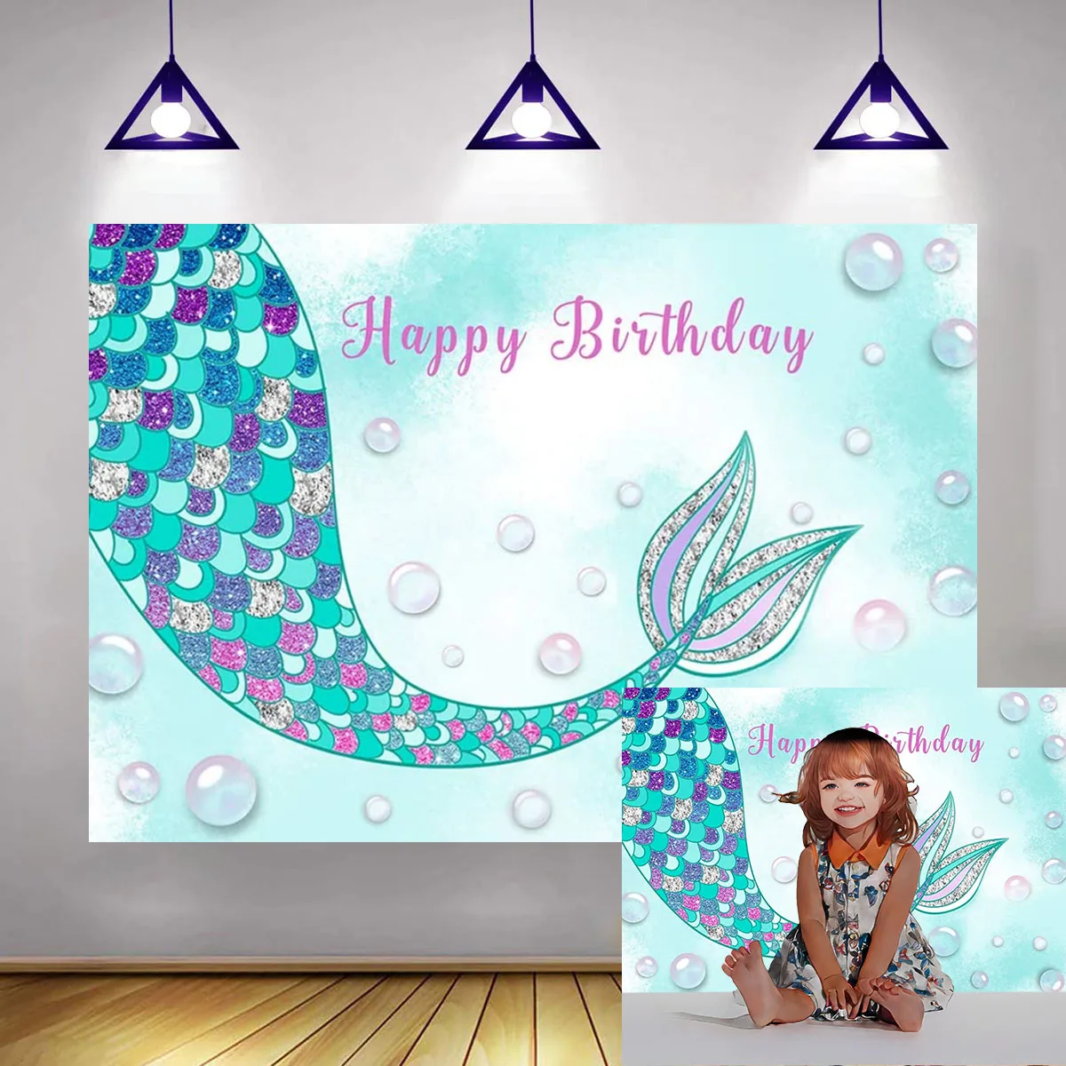 Mermaid Backdrop Under The Sea Background Purple Teal Girl Happy Birthday Party Decorations Banner Photo Studio Props (7x5ft)