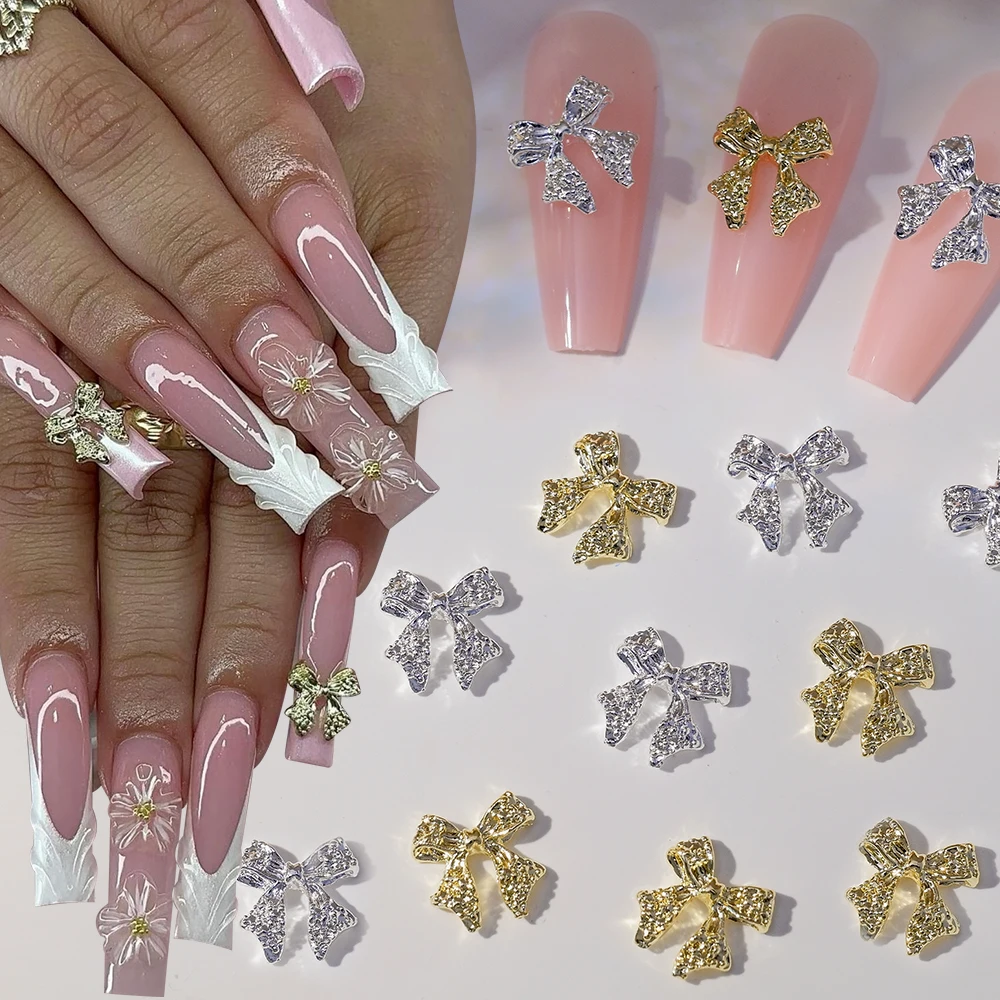 50Pcs Gold/Silver Alloy Bowknot 3D Nail Art Charms With Diamond Ribbon/Bow Nails Rhinestones Luxury Butterfly DIY Manicure Decor
