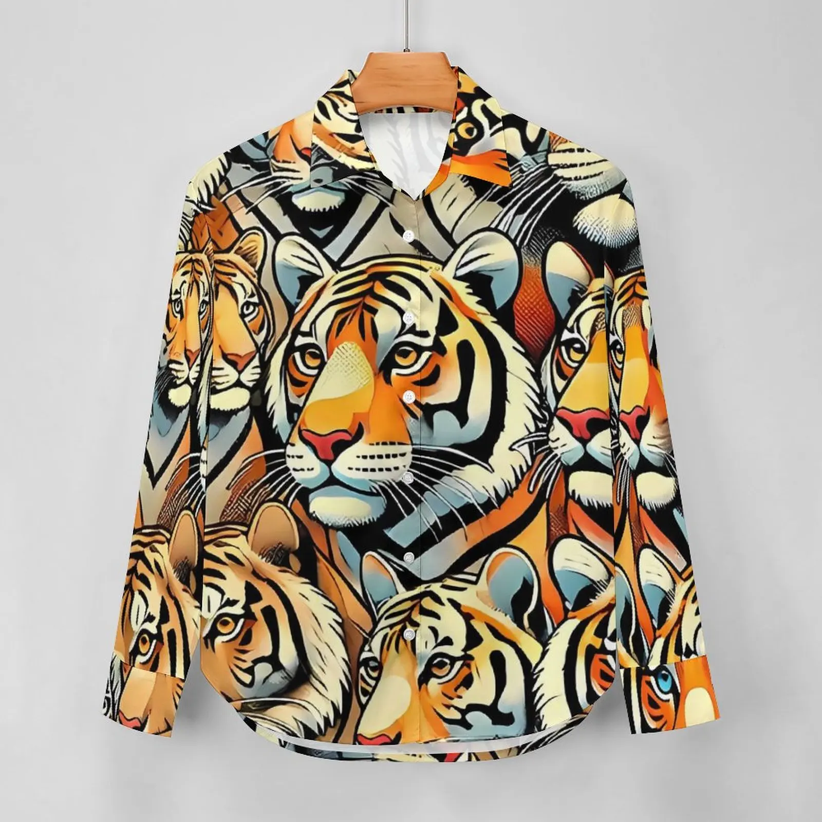 Pop Art Tiger Print Blouse Long-Sleeve  Trendy Blouses Womens Casual Oversized Shirt Graphic Tops Gift Idea