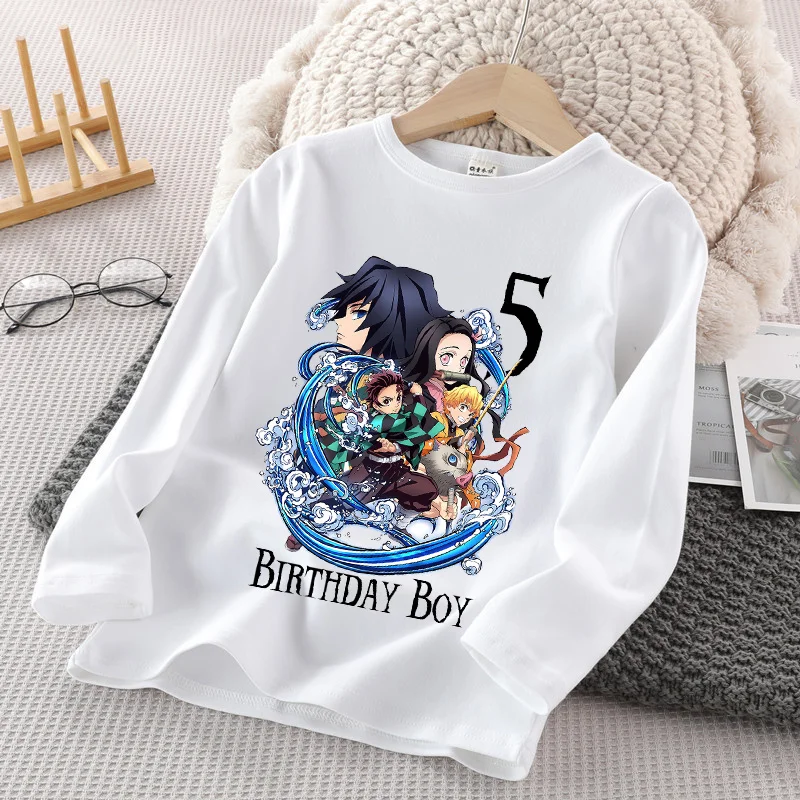 Demon Slayer Long Sleeve T-shirt Birthday Number 1-9 White Tops Clothing Boys Party New Clothes Cool Anime Printed Tshirt Gift