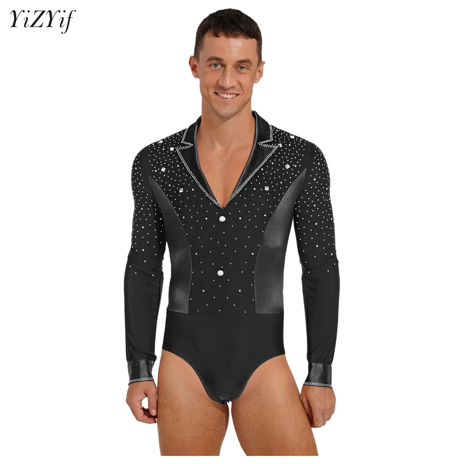 

Men's Latin Modern Dance Leotard Shiny Rhinestone Jazz Rumba Chacha Ballroom Shirts Bodysuits Figure Skating Performance Cosume