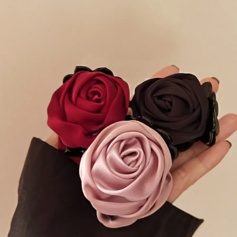 French Style Elegant Hair Claw 5cm Rose Flower Hair Clip Women Back Head Shark Clip Small Grip Loose Clip Sweet Fashion Hairpins