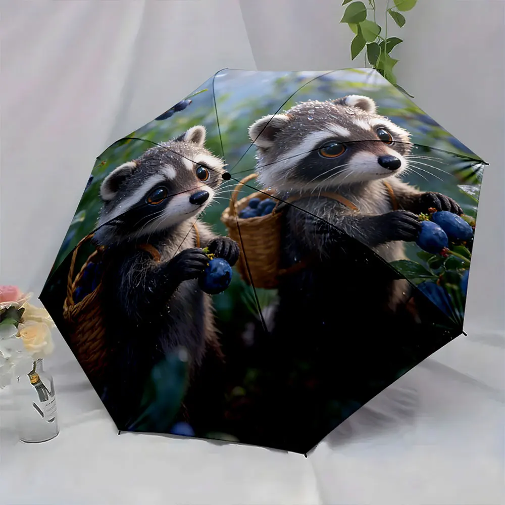 1PC Charming Raccoons Collecting Berries in Nature Print 8 Iron Ribs Folding Umbrella Auto-Open Fashion Sunshade