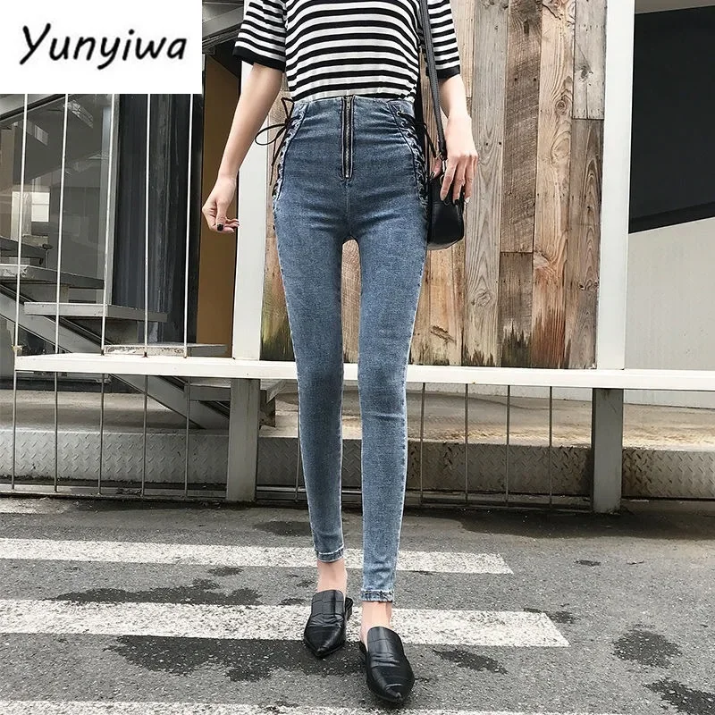 Jeans Female Denim Pants Lace up on side Womens Jeans plus siz 5XL Stretch High waist Feminino Skinny Pants For Women Trousers