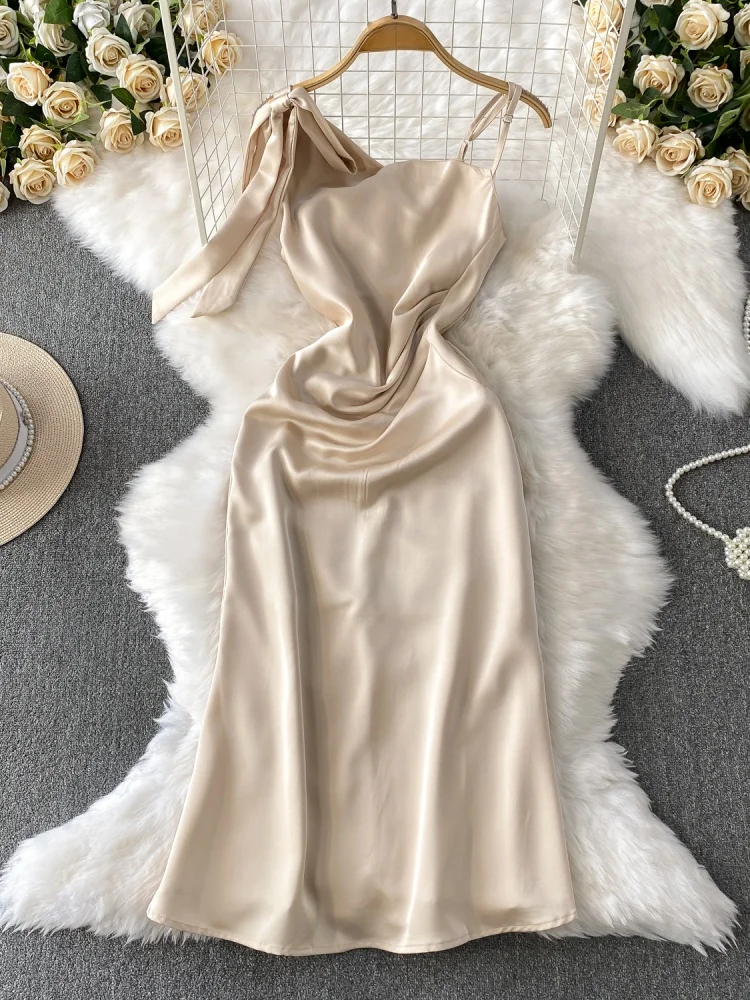 Ele Satin Wrap Dr with  Knot High Waist Slimming Long Skirt for Women Mid-Length A-Line Gown Korean Sle