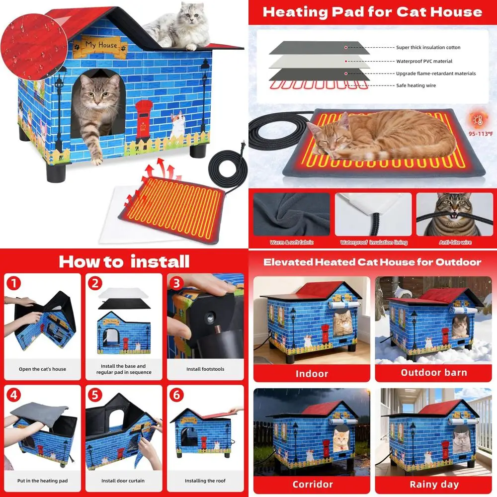 

Weather-Resistant Outdoor Cat Shelter with Heating, Easy Assembly, Elevated Base & Emergency Exit for Stray Cats in Cold Weather