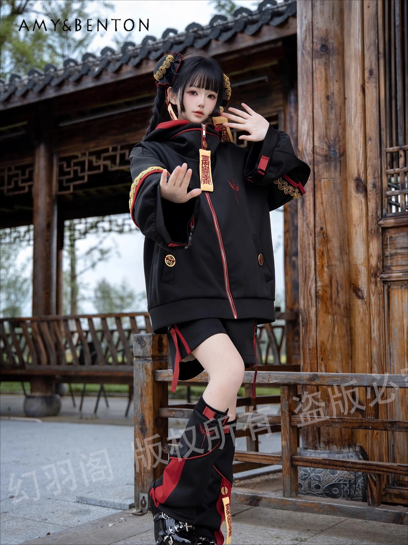 

Original Mine Cos Two-dimensional Women Clothing Subculture Embroidery Splicing Color Hooded Jacket Shorts Leg Cover Outfits