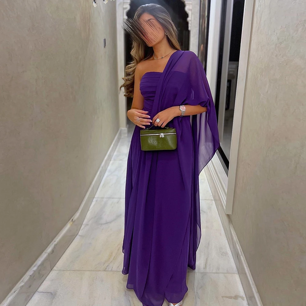 

Simple Straight Purple Floor Length One Shoulder Chiffon Short Sleeves Evening Dress Formal Pleats Saudi Arabia Party Grows