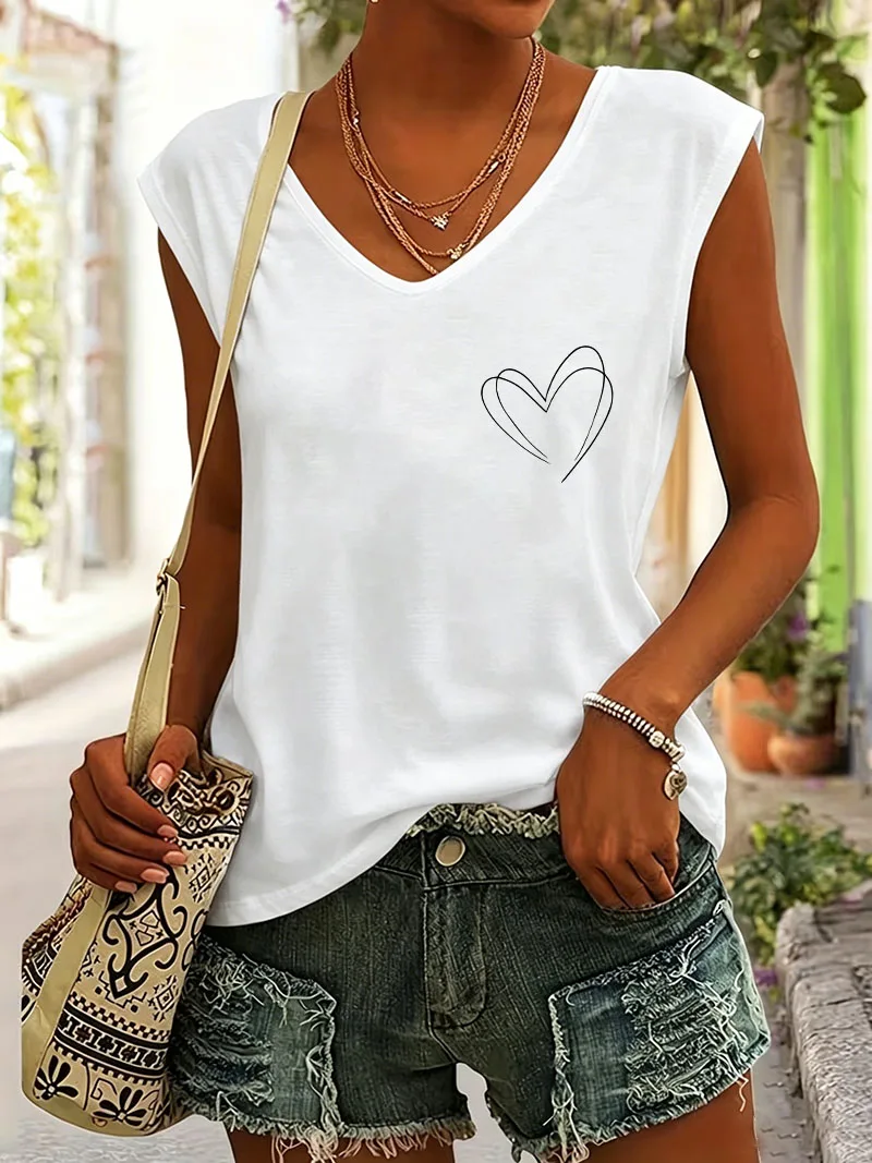 Lässiges ärmelloses Tanktop mit Herz-Motiv, V-Ausschnitt, Freizeit-Weste, T-Shirt für Damen