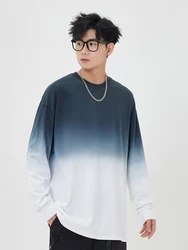 2024 Autumn New Men's Long Sleeve T-shirts Korean Fashion Oversized Tee 250G Heavy Cotton Loose Basic Tops Gradient Color Tshirt