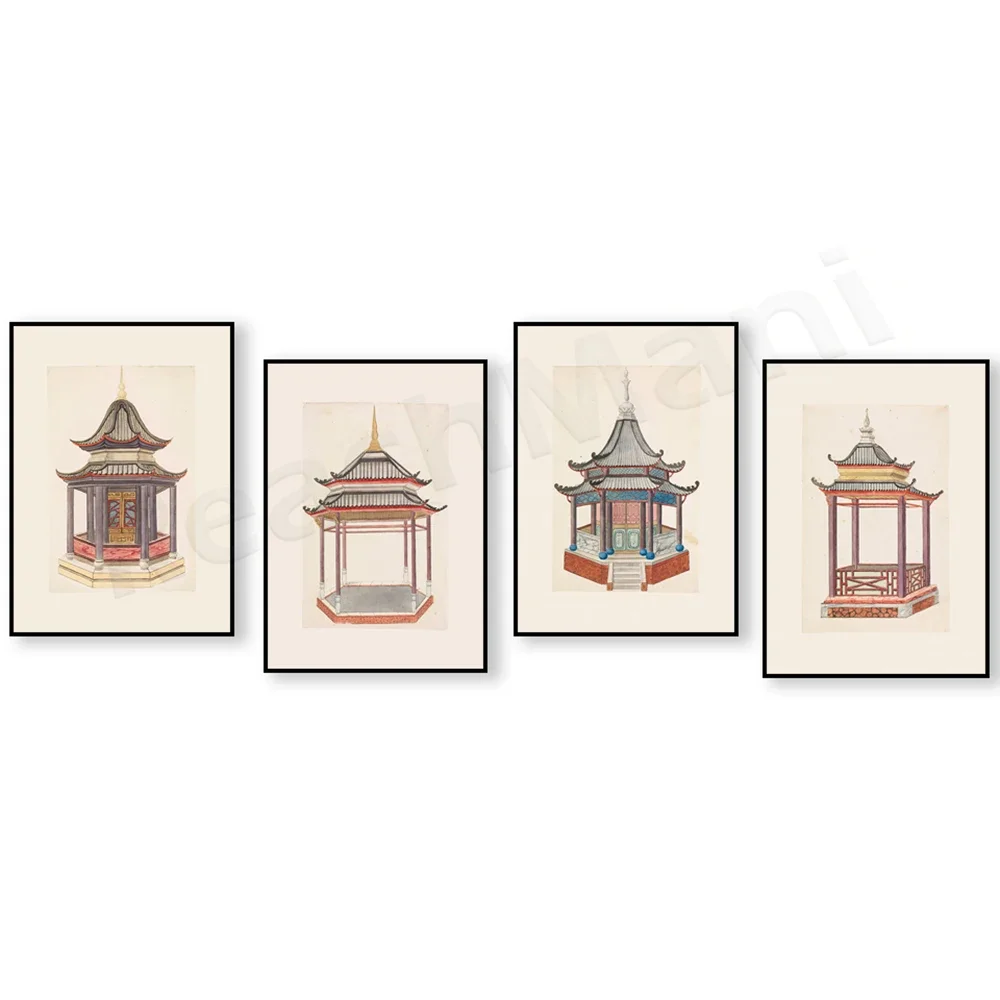 Chinesische Pagoden-Aquarell-Kunstdrucke, Chinesische Kunst-Wanddekoration Poster, Asiatische Kunst, Chinoiserie-Kunst, Chinoiserie/Pagoden-Kunst