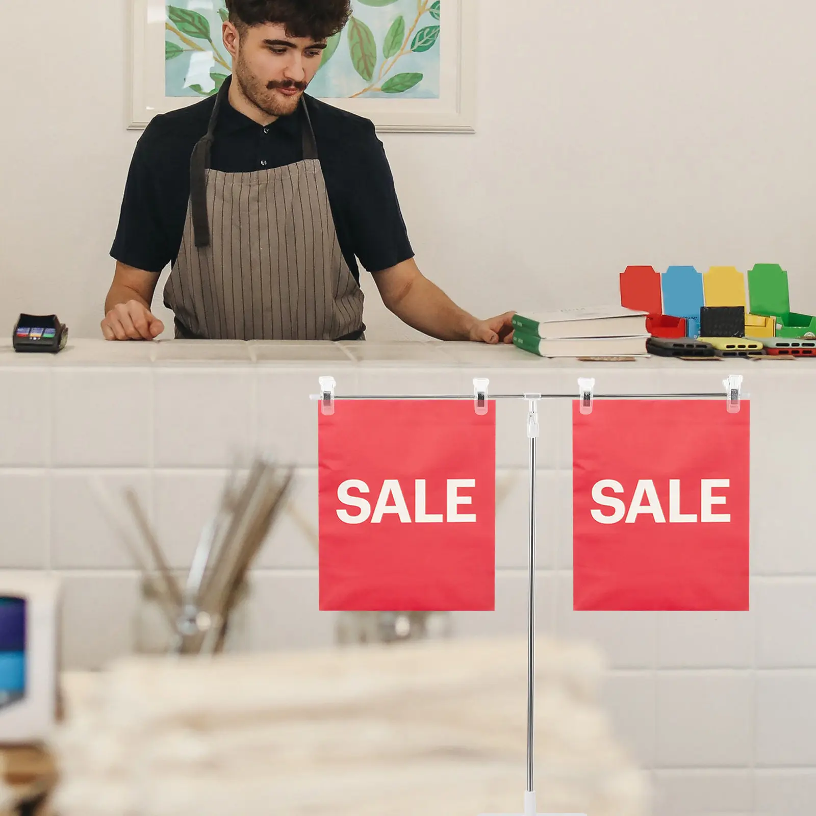 T-Shaped Height Adjustable Poster Display Stand Premium Stainless Steel Sign Holder Portable Easy Storage for Table Desk Counter