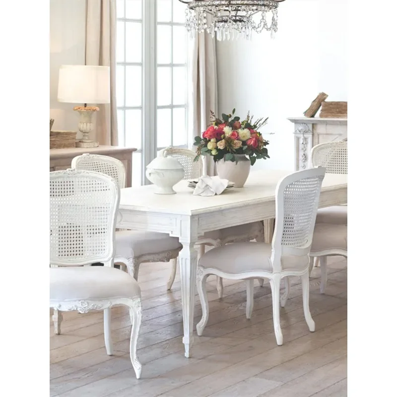 Retro white solid wood long dining table simple and old dining room table and chair combination American pastoral 3