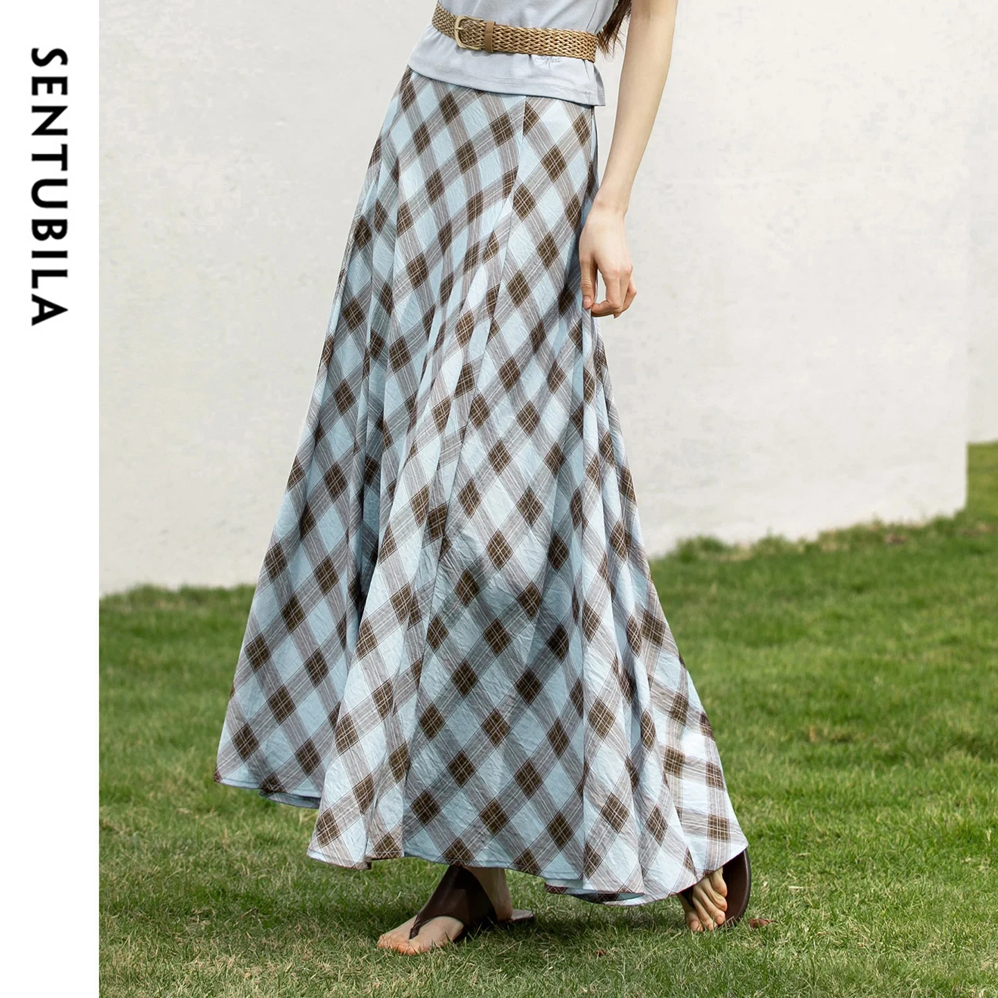 

SENTUBILA Women's Vintage Plaid Maxi Skirt 2026 Spring New Elegant Office Diagonal Print Elastic Waist A-Line Skirt 161QG4925