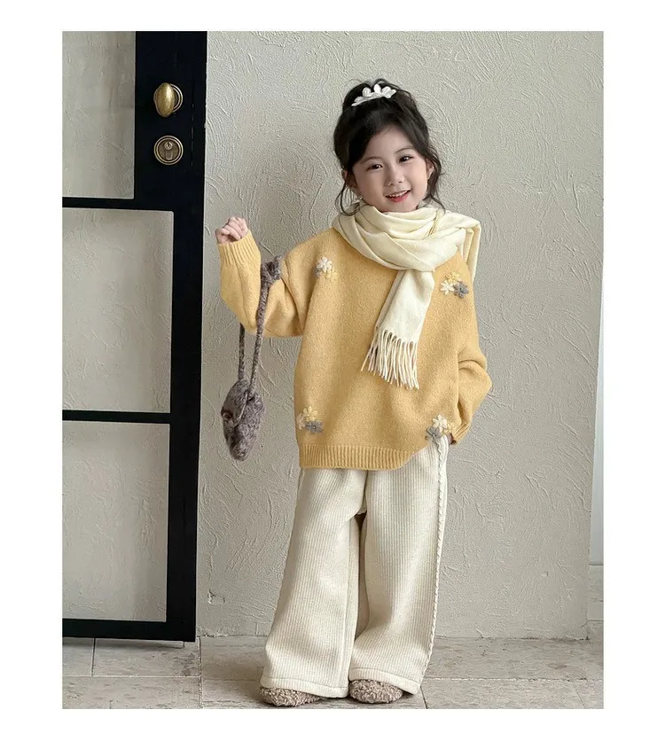 Girls Floral Knit Sweater Autumn Winter New Kids Warm Pullover Round Neck Long Sleeve Top Children Clothing
