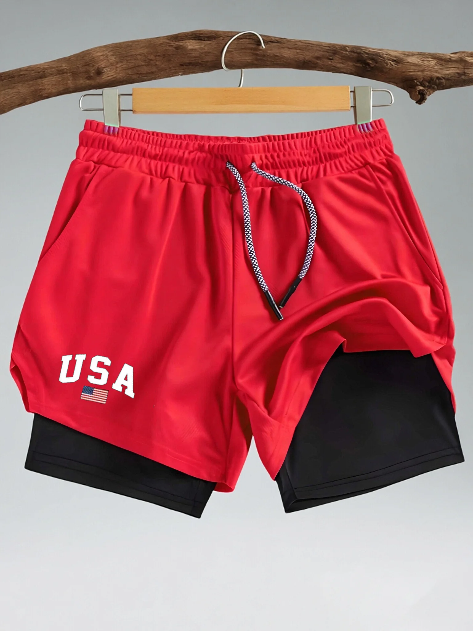 

New USA Running Shorts Men Gym Sports Shorts 2 in 1 Quick Drying Workout Training Gym Fitness Jogging Short Pants Summer