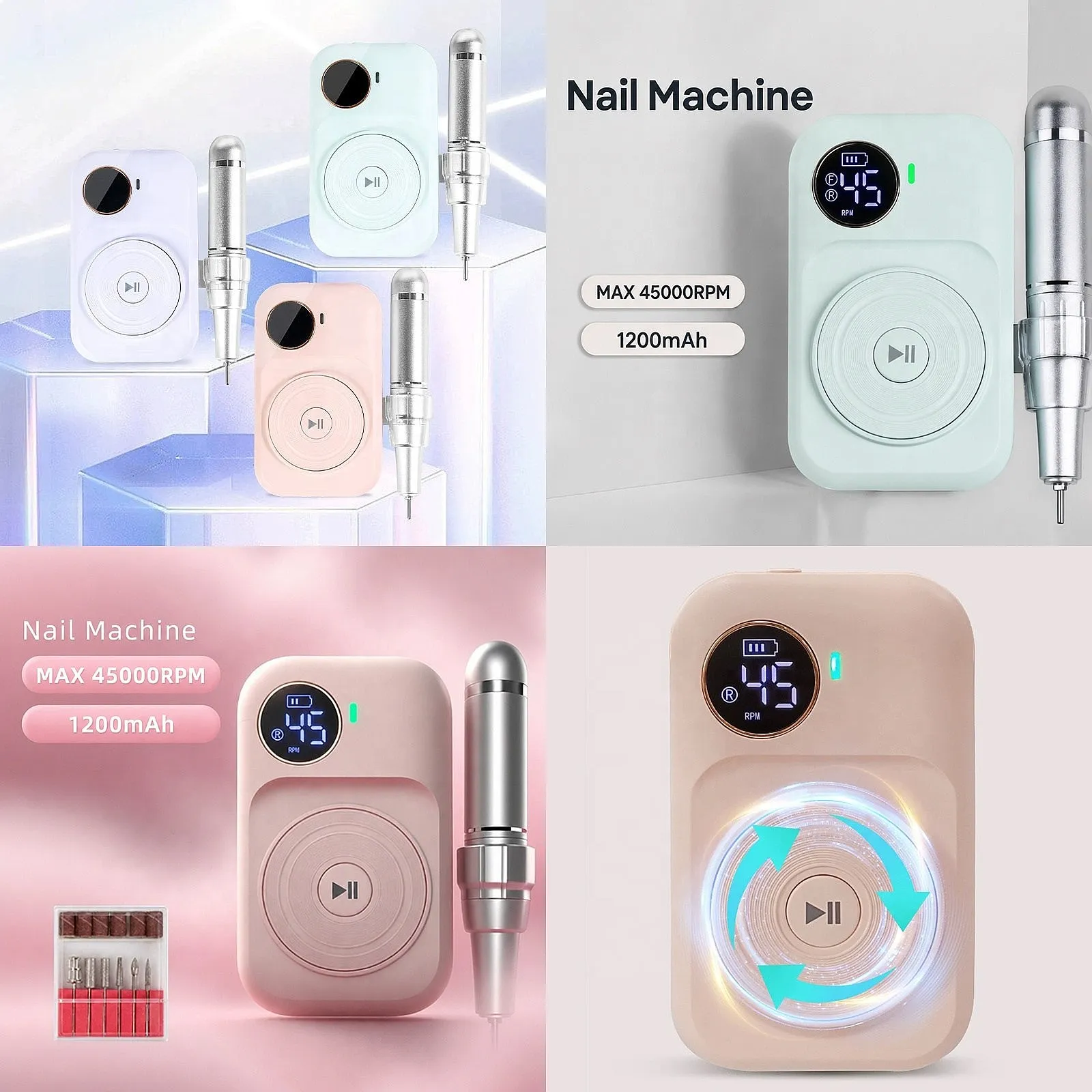 Rechargeable Nail Drill Machine 45000RPM Cordless Nail Art File ABS Aluminum Alloy Body 6H Runtime 3 Color Options