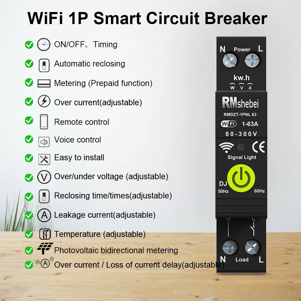 ORMshebei Tuya 1P+N WiFi Smart Circuit Breaker Two-way Metering Overload And Overvoltag Undervoltage Leakage Protection