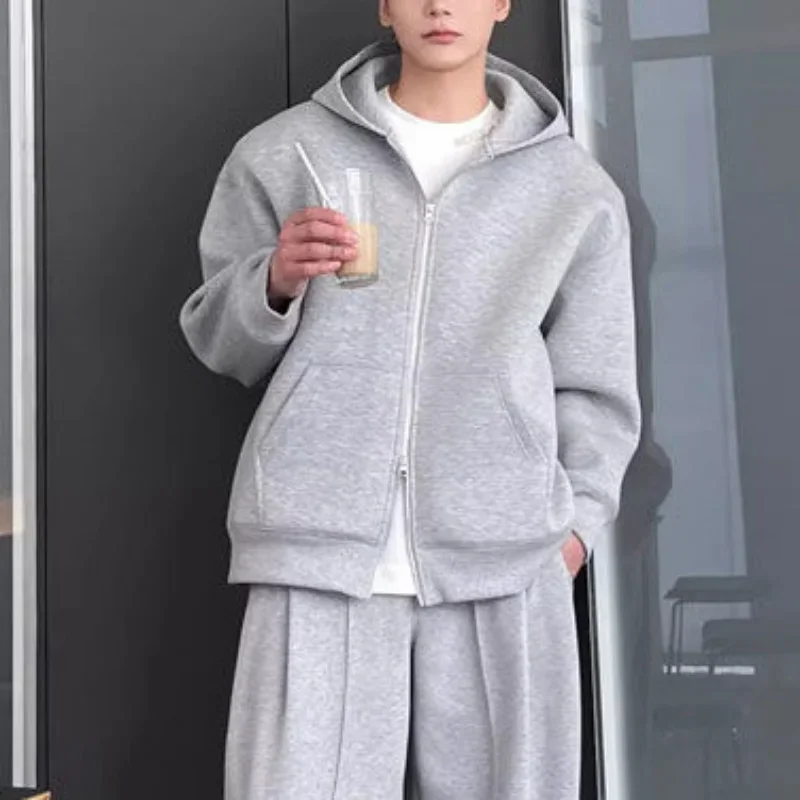 Cotton Solid Color Hooded Sweatshirt Autumn American Double Zipper Cardigan Gray Men\'s and Women\'s Loose Simple Daily Hoodies