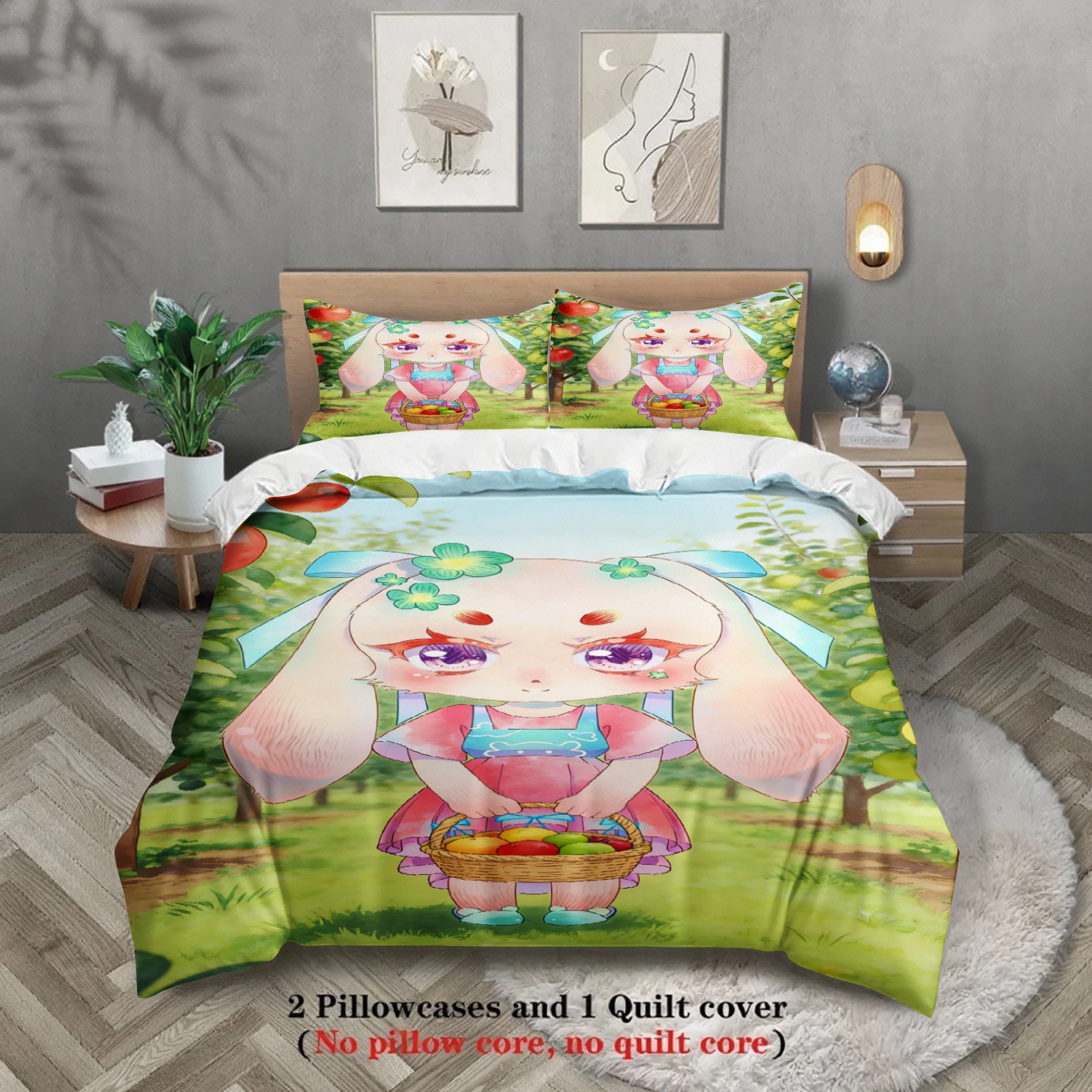Softville Cozy Town 3PCS Bedding Sets Lop Rabbit Orchard Harvest Printed Duvet Cover No filling Cartoon Style Queen King Size