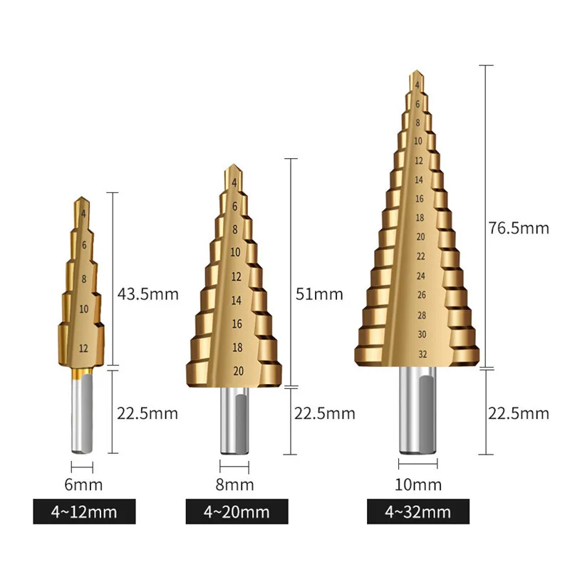 Imagem -05 - Step Drill Bit Saw Grupo Hss Steel Titanium 412 mm 20 mm 32 mm Metal Stepped Hole Opener Ferramentas para Trabalhar Madeira Twist Serrated Drill Bits Kit