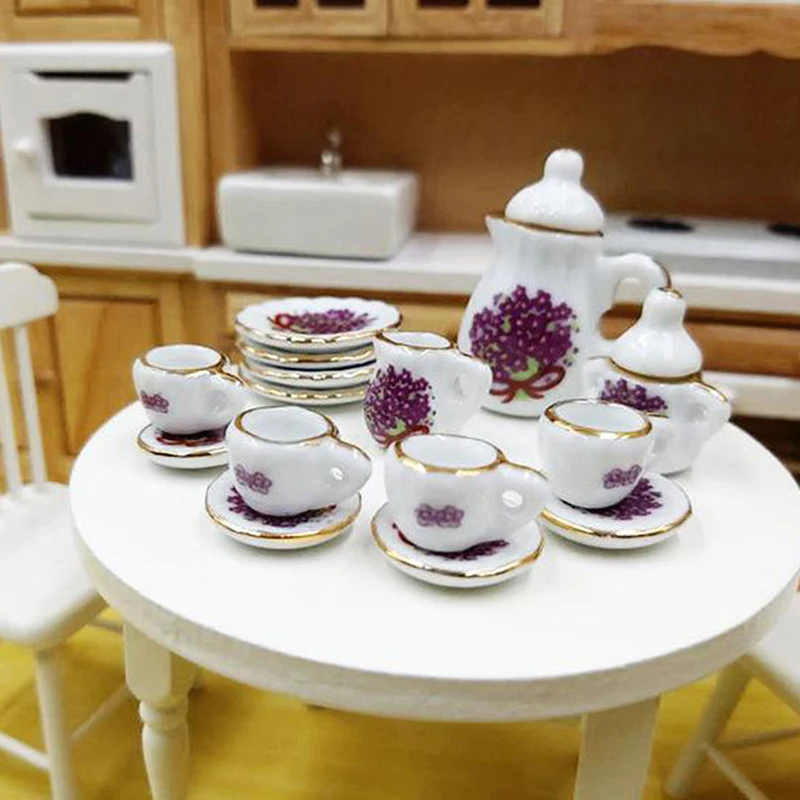 

15Pcs/set 1:12 Dollhouse Miniature Tableware Porcelain Ceramic Tea Cup Plate