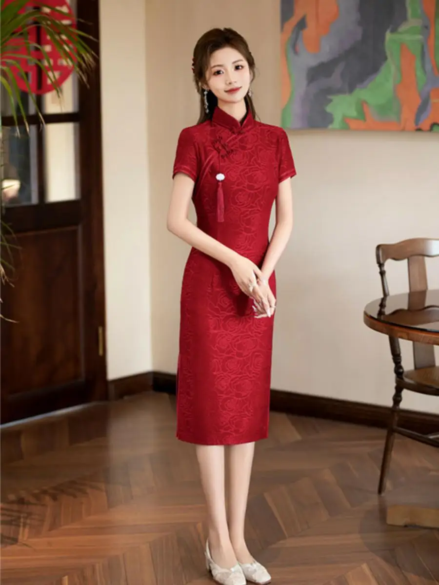 

Красное кружевное платье-ципао в китайском стиле, летнее, новое, винтажное, для дома, для встречи с мамой, для счастливого дня матери