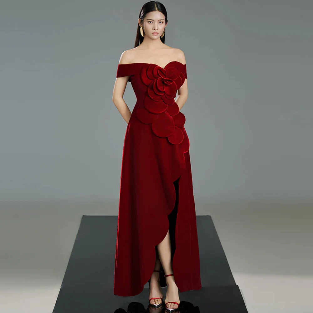 

Burgundy Velvet A-Line Formal Occasion Gowns Temperament Off the Shoulder Customized Evening Dress Flowers Celebrity Gowns