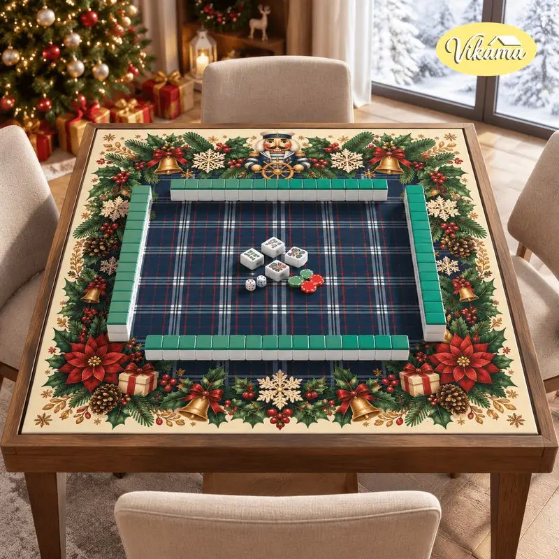 VIKAMA Christmas Mahjong Mat Wreath Poinsettia Pinecone Bells Soft Non-Slip Mahjong Play Mat Game Room New Year Festival Decor