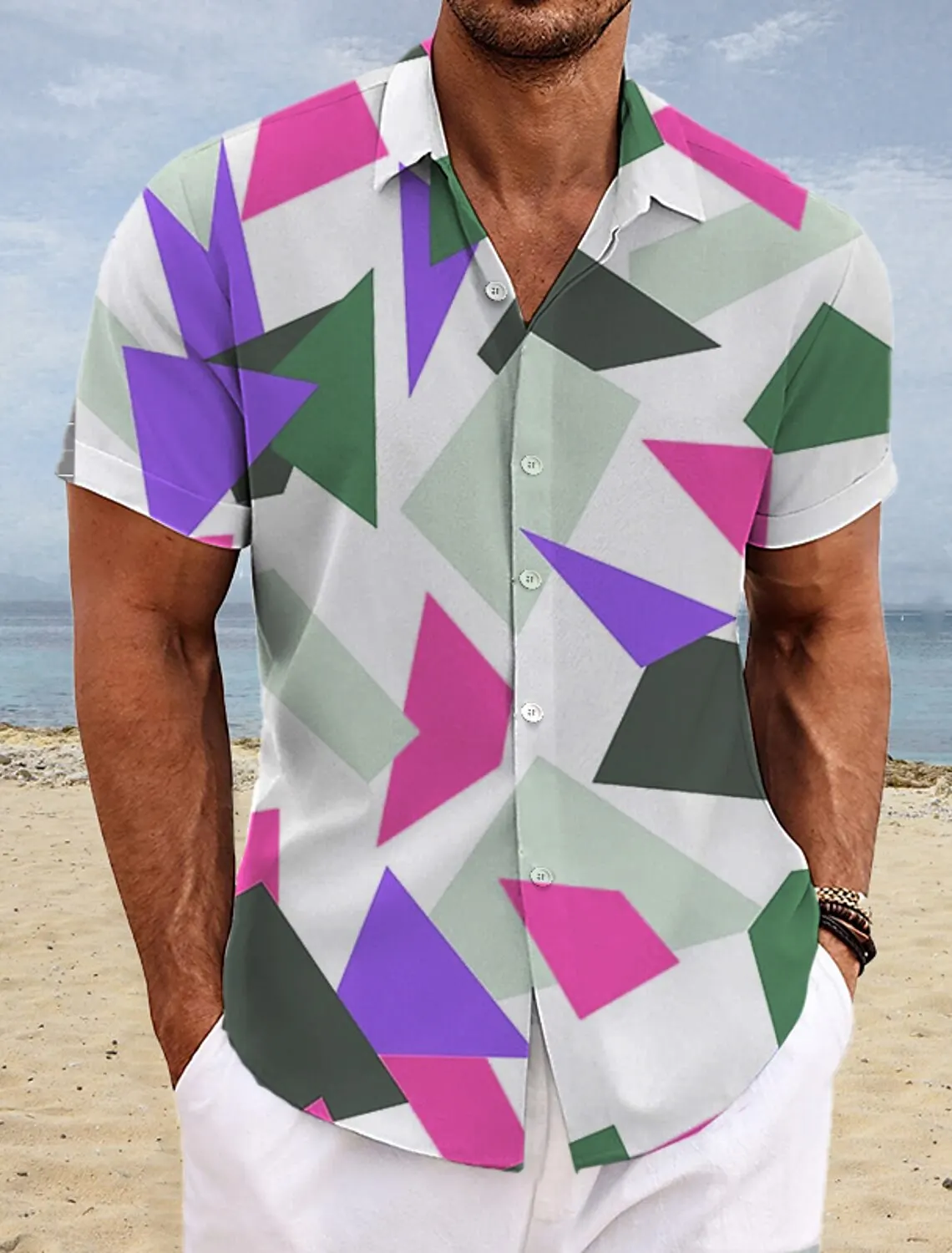 Chemise de plage à motif géométrique hawaïen pour hommes, imprimé nickel é hawaïen, manches courtes, décontractée, été