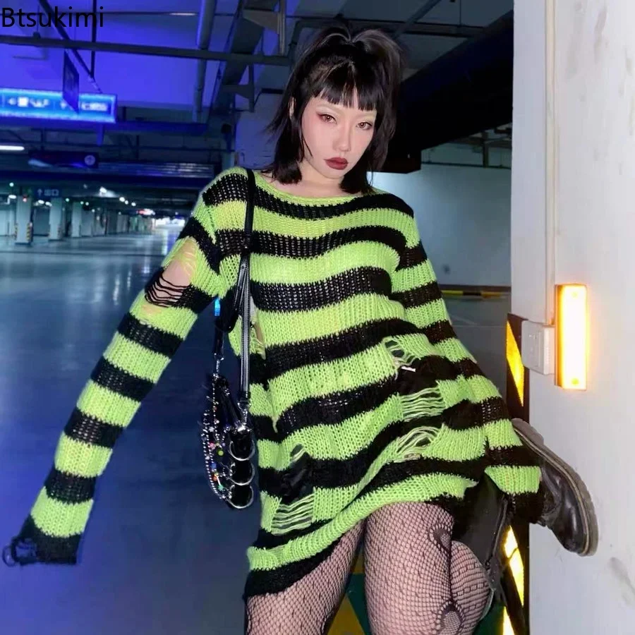 

New Punk Gothic Long Sweater Women Dark Aesthetic Striped Pullovers Hollow Out Oversized Grunge Jumpers Emo Alt Clothes Y2k Tops