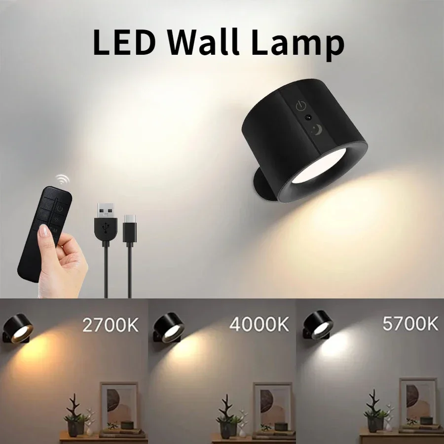 

Magnetic LED Wall Lamp USB Recharge 360 Rotatable Wall Light Touch Control Remote 3 Color Modes Wireless Reading Night Light