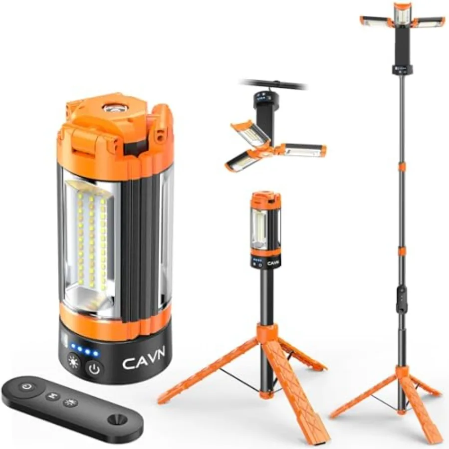 Rechargeable Camping Lights with Remote and Detachable Tripod Max Height 6.0 Feet, Portable Work Light with 3 LED Lamp Heads, C