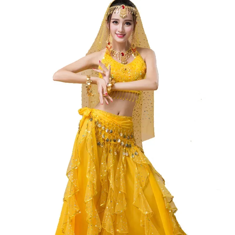 Glanzende buikdansset voor volwassenen, Oosterse Indiase dans voor dames, Arabische prinsessenkostuumset, oefenjurkset met pailletten voor dames